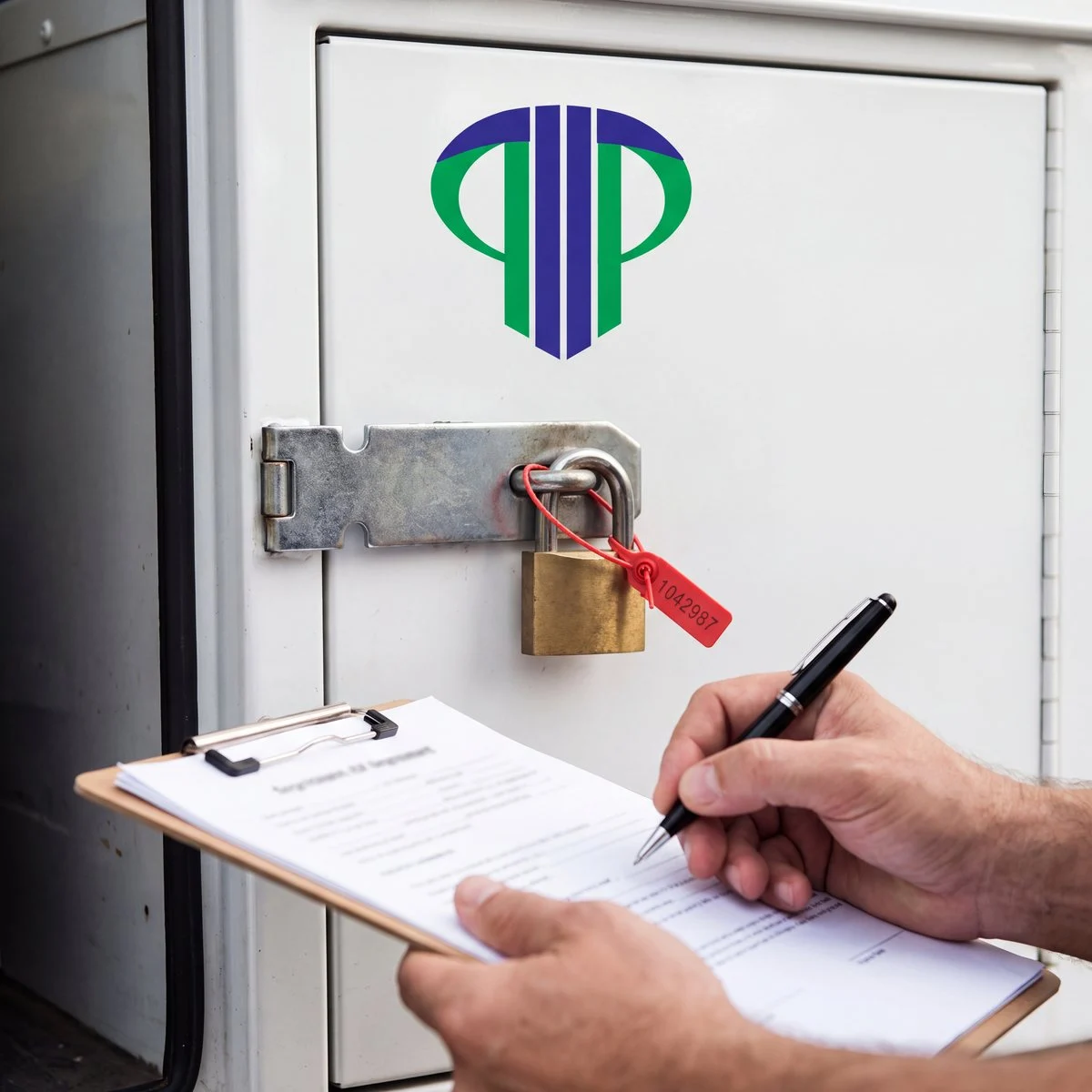 A handover docket being signed in front of a padlocked, sealed steel compartment