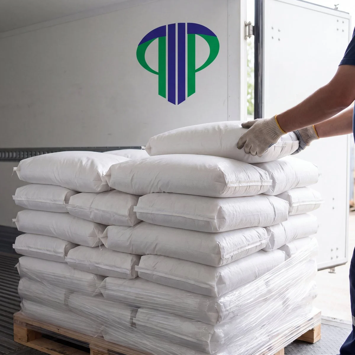 Bags of plastic pellets stacked on a pallet inside a container