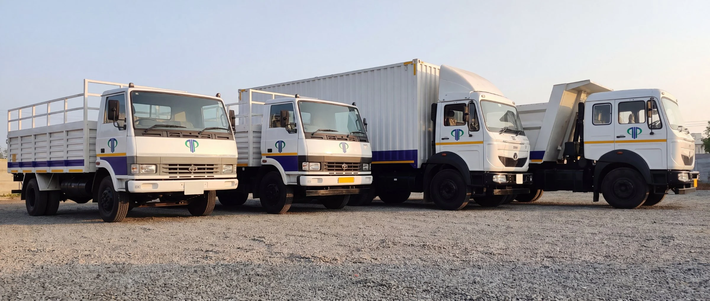Four trucks in Patel Transport Agency livery parked side by side in a gravel yard: two flatbeds, a container truck and a tipper