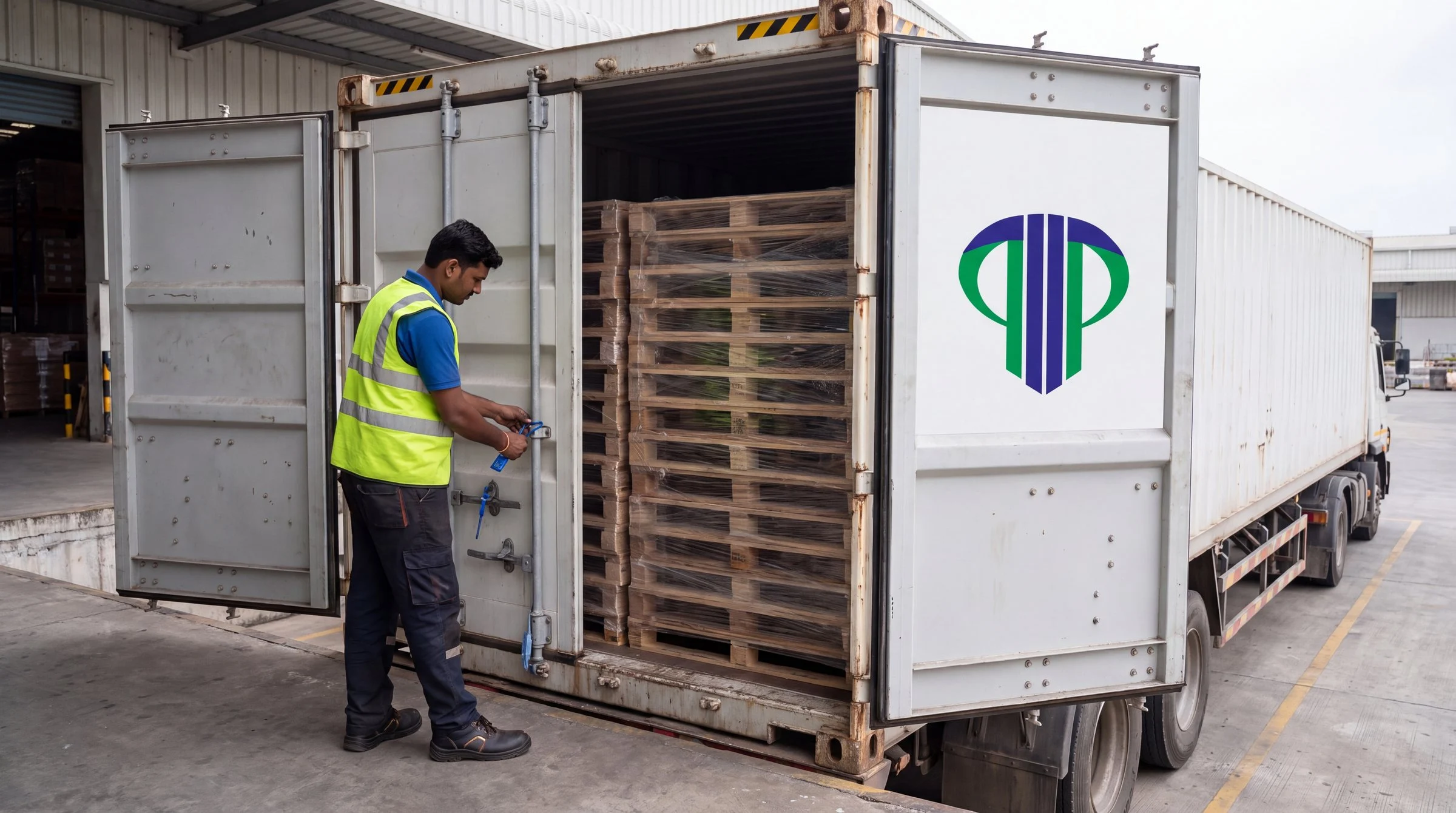 A worker fixes a security seal to the open rear doors of a 32 ft container truck at a loading bay